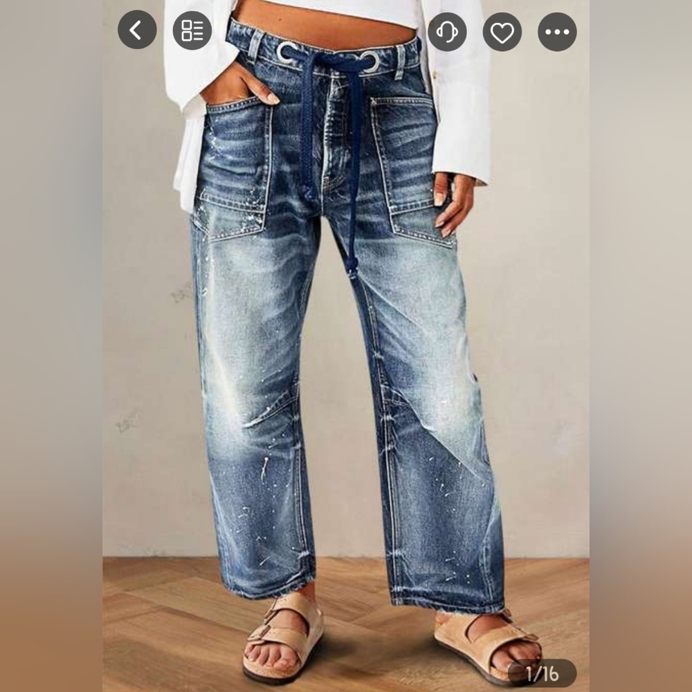 Women's Flare Leg Blue Jeans Button Fly with Paint Splatter